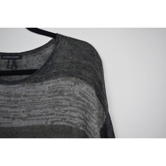 Eileen Fisher Womens Sweater Open Knit Linen Gray Striped Long Sleeve Sz Medium - Picture 5 of 16